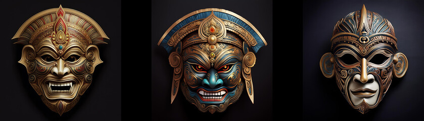 Fototapeta premium Three ornate, wooden masks with decorative details are isolated on a black background.