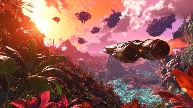 A spaceship landing on a lush, alien planet with oversized plants and strange, floating creatures in the sky, under a vibrant, multicolored sunset