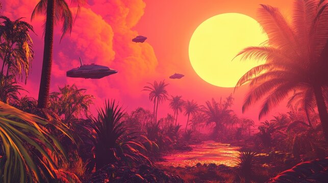 A spaceship landing on a lush, alien planet with oversized plants and strange, floating creatures in the sky, under a vibrant, multicolored sunset