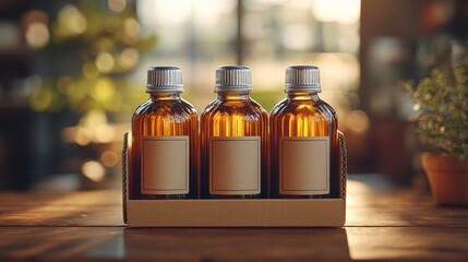 Three amber glass bottles with blank labels displaying potential for branding and product placement