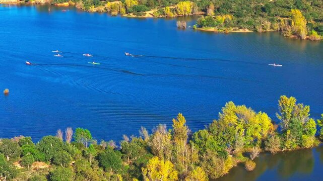 Drone view of kayaks on the Lake of Saint-Cassien