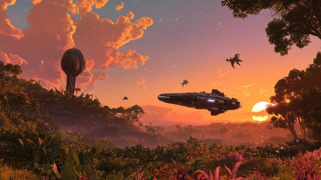 A spaceship landing on a lush, alien planet with oversized plants and strange, floating creatures in the sky, under a vibrant, multicolored sunset