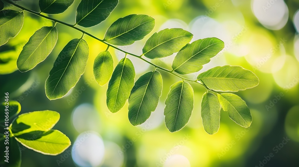 Poster tranquil overlapping leaves with soft green bokeh in natural environment