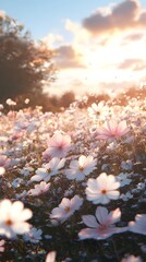 A beautiful field of white and pink flowers, with a sunset in the background, creating a dreamy and ethereal, cinematic