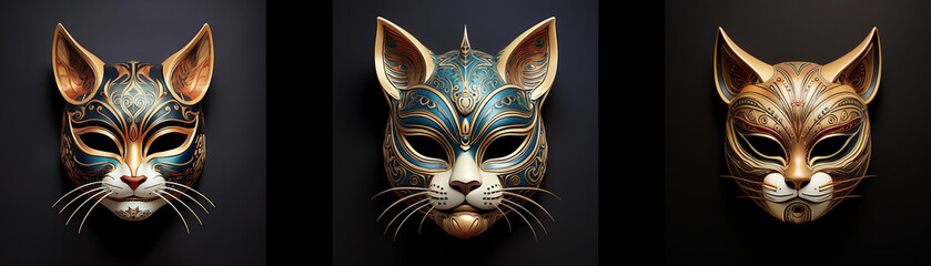 Naklejka premium Three ornate cat masks isolated on a black background.