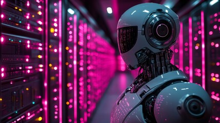 Robot monitoring server room with pink and purple lights