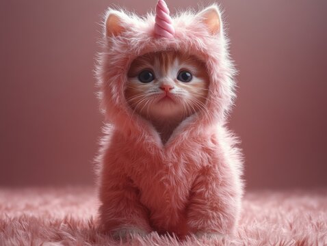 Adorable kitten wearing pink unicorn costume sitting on fluffy rug