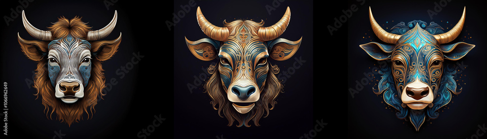 Poster three bull heads with different patterns and colors are isolated on a black background.