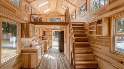 Natural Light Filled Tiny Home Interior, Featuring a Skylight, Loft Space, and Wood Paneling