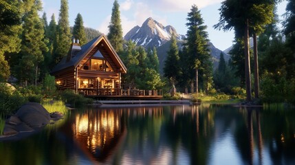 Fototapeta premium Rustic Cabin by a Lake in the Mountains