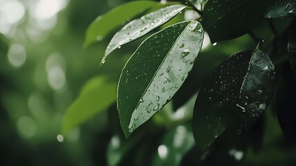 Close-up of Leaf Tip with Glistening Water Droplets on Fresh Green Natural Foliage