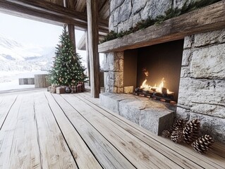 American log cabin interior Christmas tree adorned with plaid and pine cone ornaments