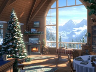 American log cabin interior Christmas tree adorned with plaid and pine cone ornaments