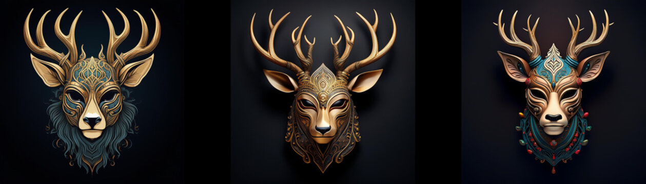 Three ornate golden deer masks with intricate details against a black background.
