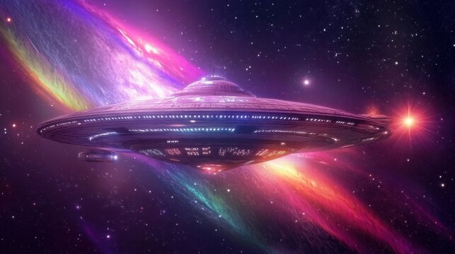 An alien civilization's massive spacecraft orbiting a distant planet, with colorful auroras and a two-sun sky illuminating the scene