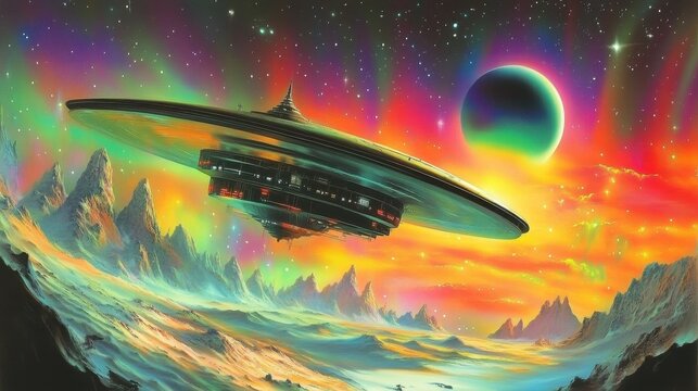 An alien civilization's massive spacecraft orbiting a distant planet, with colorful auroras and a two-sun sky illuminating the scene