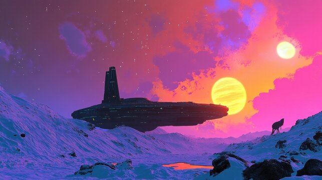 An alien civilization's massive spacecraft orbiting a distant planet, with colorful auroras and a two-sun sky illuminating the scene