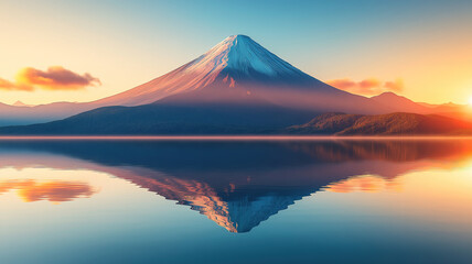 Fototapeta premium Volcanic peak glowing in the dawn light mirrored perfectly in the calm lake below