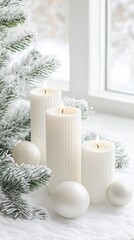 Elegant winter holiday scene with white candles and ornaments for festive decor