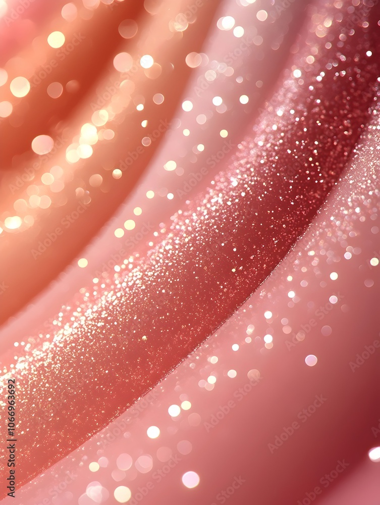 Poster a close-up of shimmering pink and gold waves, displaying a sparkling bokeh effect that creates a dre