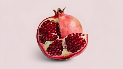 Minimalistic image of pomegranate half with seeds spread on white background
