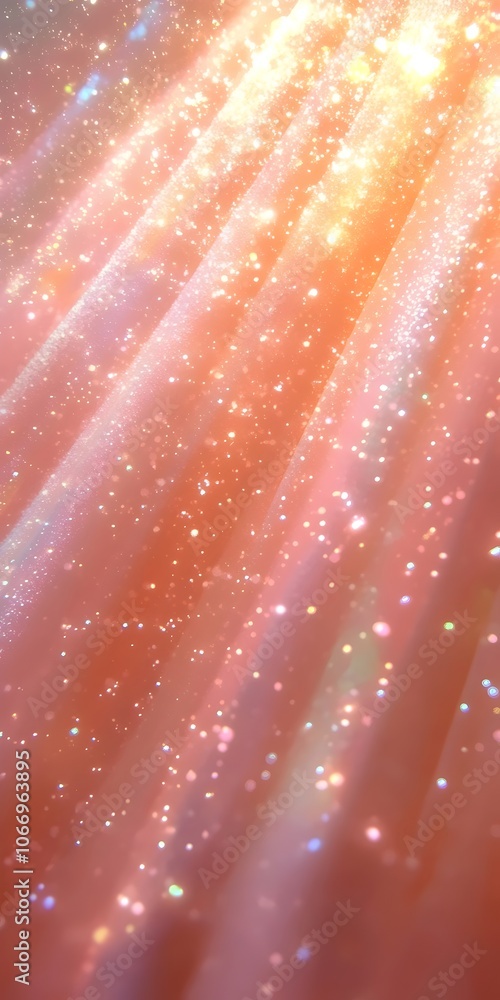 Poster a mesmerizing display of soft pink and orange light beams shining through a dreamy, sparkling haze, 
