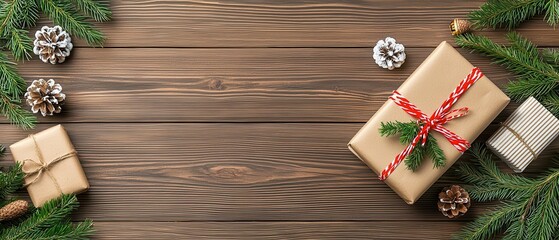 Beautifully wrapped gifts with pine cones and branches on a rustic wooden table.