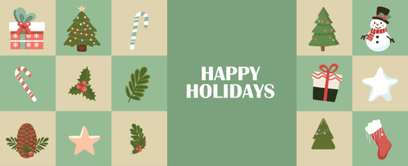 Merry Christmas and Happy New Year greeting web banner or header, holiday cover