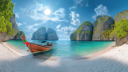 Fototapeta premium Idyllic scenery of Maya Bay with boats against a backdrop of pristine beaches and tropical beauty