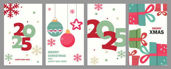Merry Christmas and Happy New Year greeting cards set. Trendy modern design with typography, gifts, snowflakes