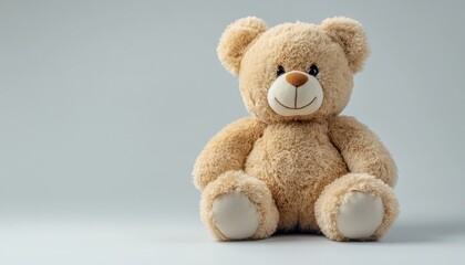 Brown teddy bear stuffed animal sitting isolated on light gray background