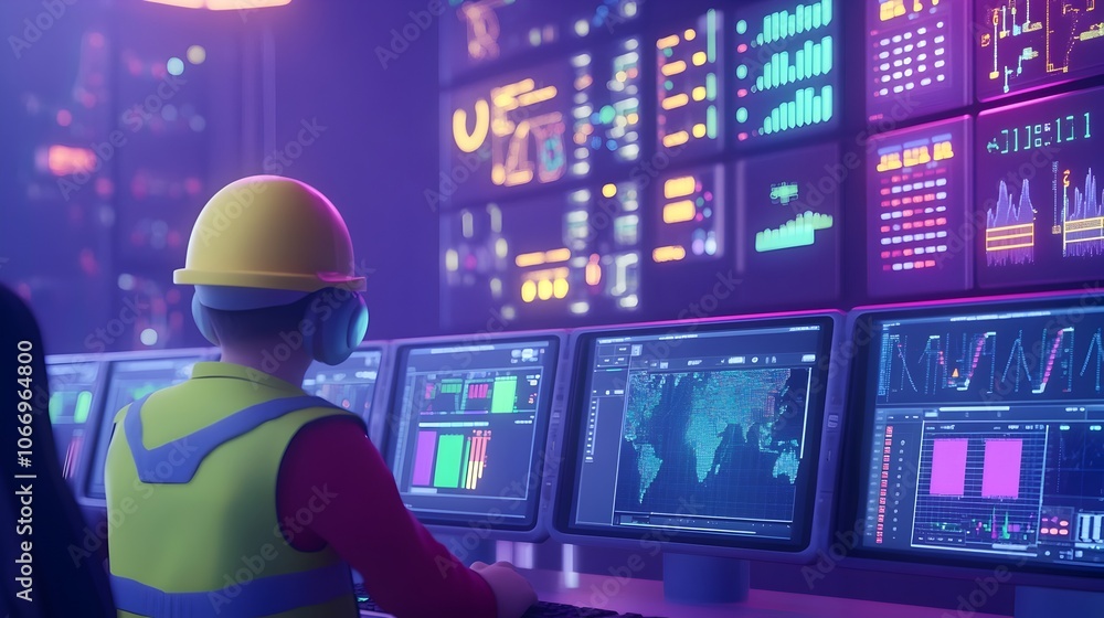 Aufkleber engineer analyzing real-time metrics on advanced futuristic technology screens in control room setup