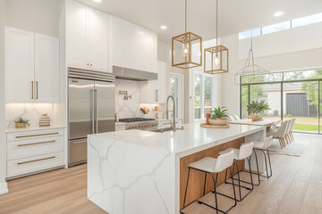 A large kitchen with a white marble countertop and a white refrigerator