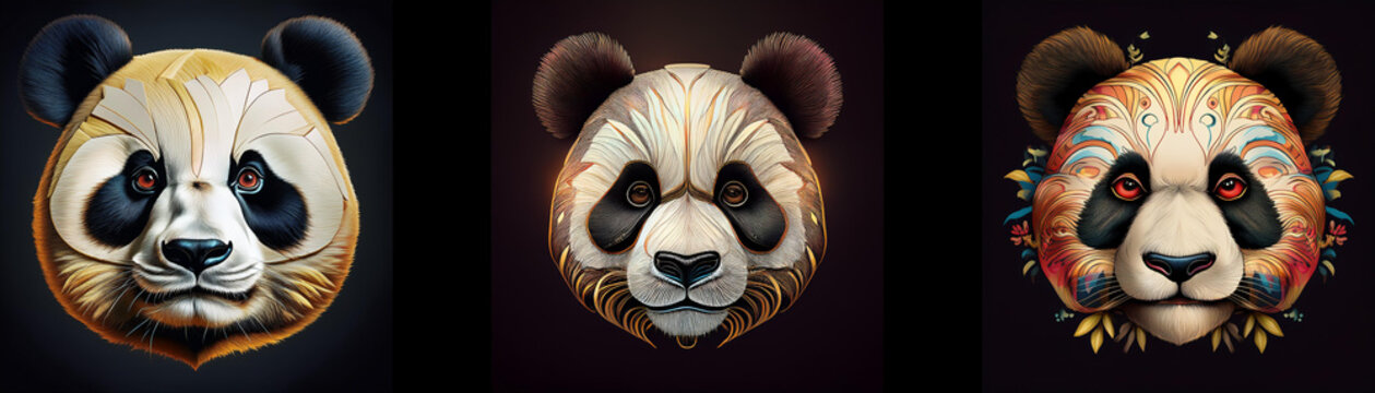 Three panda masks isolated on a black background. Each mask is intricately designed with different patterns and colors.