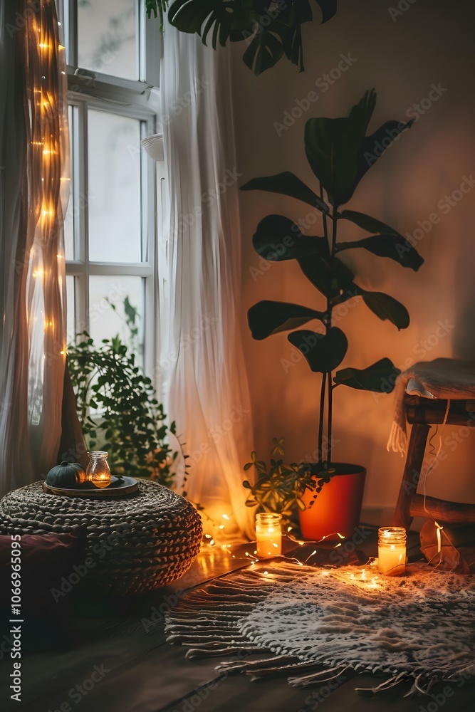 Poster soft glow of a string of fairy lights in a minimalistic room ai generated illustration
