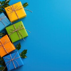 Colorful gift boxes on a blue background, festive and cheerful atmosphere.