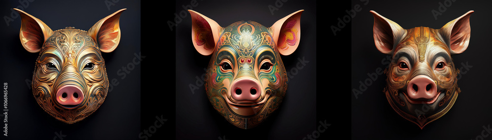 Poster three pig masks are isolated on a black background. each mask has a unique color scheme and intricat
