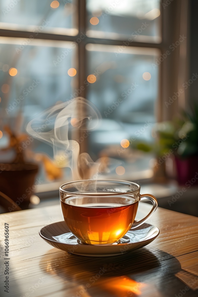 Poster steaming cup of tea placed on a minimalist table in front of a window ai generated illustration