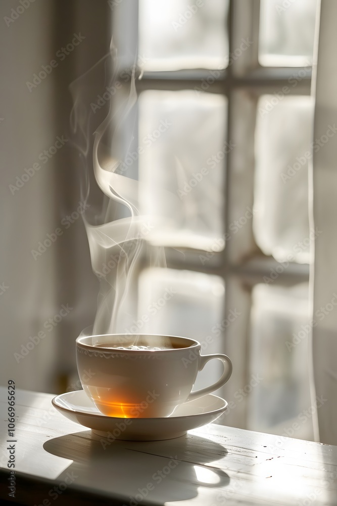 Poster steaming cup of tea placed on a minimalist table in front of a window ai generated illustration