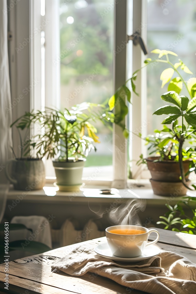 Poster steaming cup of tea placed on a minimalist table in front of a window ai generated illustration