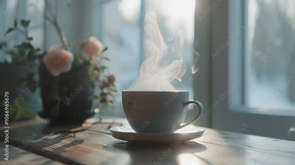 Poster steaming cup of tea placed on a minimalist table in front of a window ai generated illustration