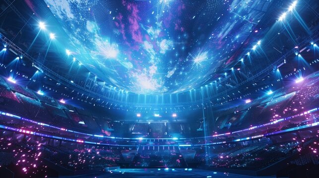 Spectators fill a massive stadium with vibrant laser lights and a holographic globe, creating an immersive experience at a futuristic esports tournament