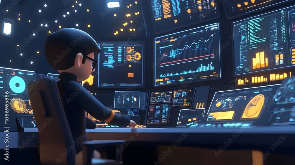 Poster futuristic data-driven analyst monitoring complex analytics on screens in control room