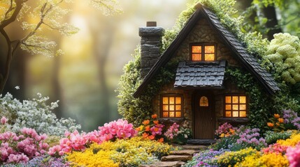 Enchanting Fairy Cottage in Spring Blossom Garden
