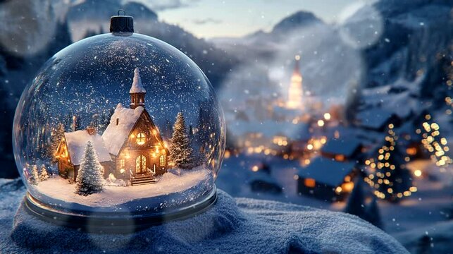 a snow globe with a christmas village inside. Seamless looping time-lapse virtual 4k video animation background
