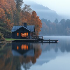 Fototapeta premium Tranquil Lakeside Cabin Autumn Fall foliage lake house nature