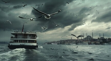 photograph of seagulls flying over the bosphorus, in istanbul, with black clouds overhead and a ferry on sea