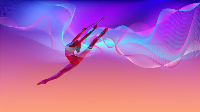 Creative design. Beautiful young girl, rhythmic gymnastic artist dancing, in dynamic movement on colorful background in neon with abstract elements. Concept of art of dance, choreography