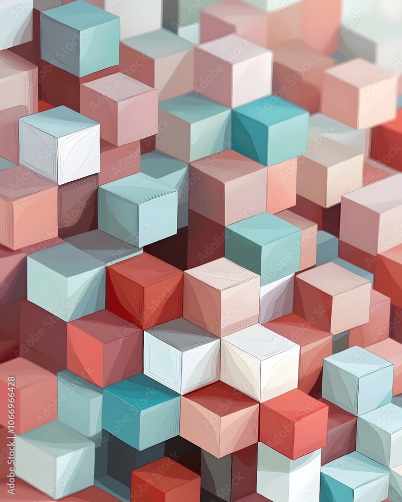 Poster a vibrant abstract composition of stacked cubes in a harmonious blend of soft pastel colors, creatin