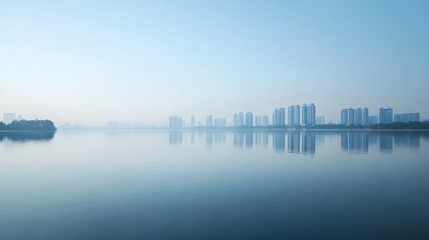 Fototapeta premium Serene Cityscape Reflection:Hangzhou's West Lake and Skyline in Tranquil High-Angle View